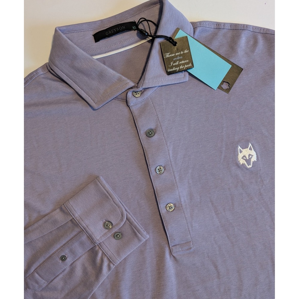 NWT Greyson Mens XL Long Sleeve Polo Shirt Purple brrr Cooling Golf Wolf Logo